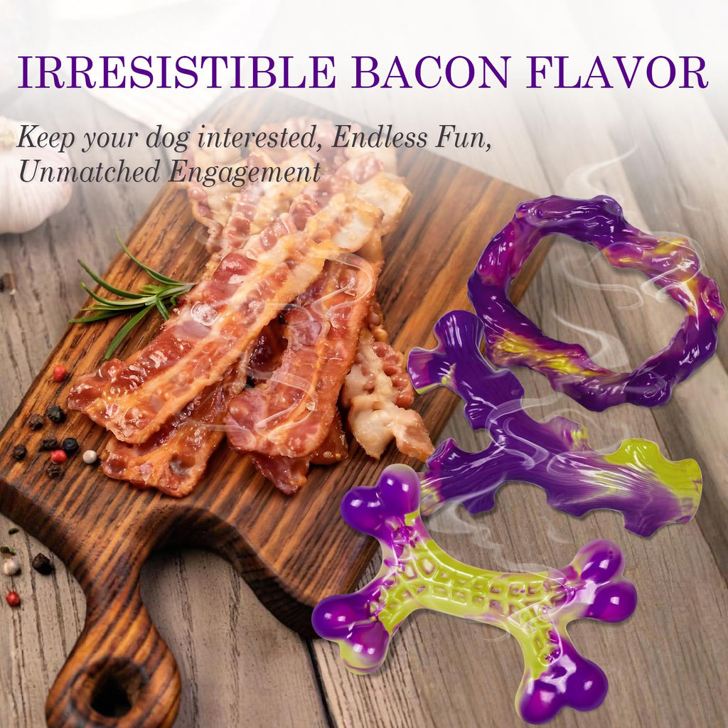 Frienhund Tough Dog Toys for Aggressive Chewers 3 Pack, Indestructible Dog Toy for Large Dogs, Bacon Flavored, Keeps Dogs Busy
